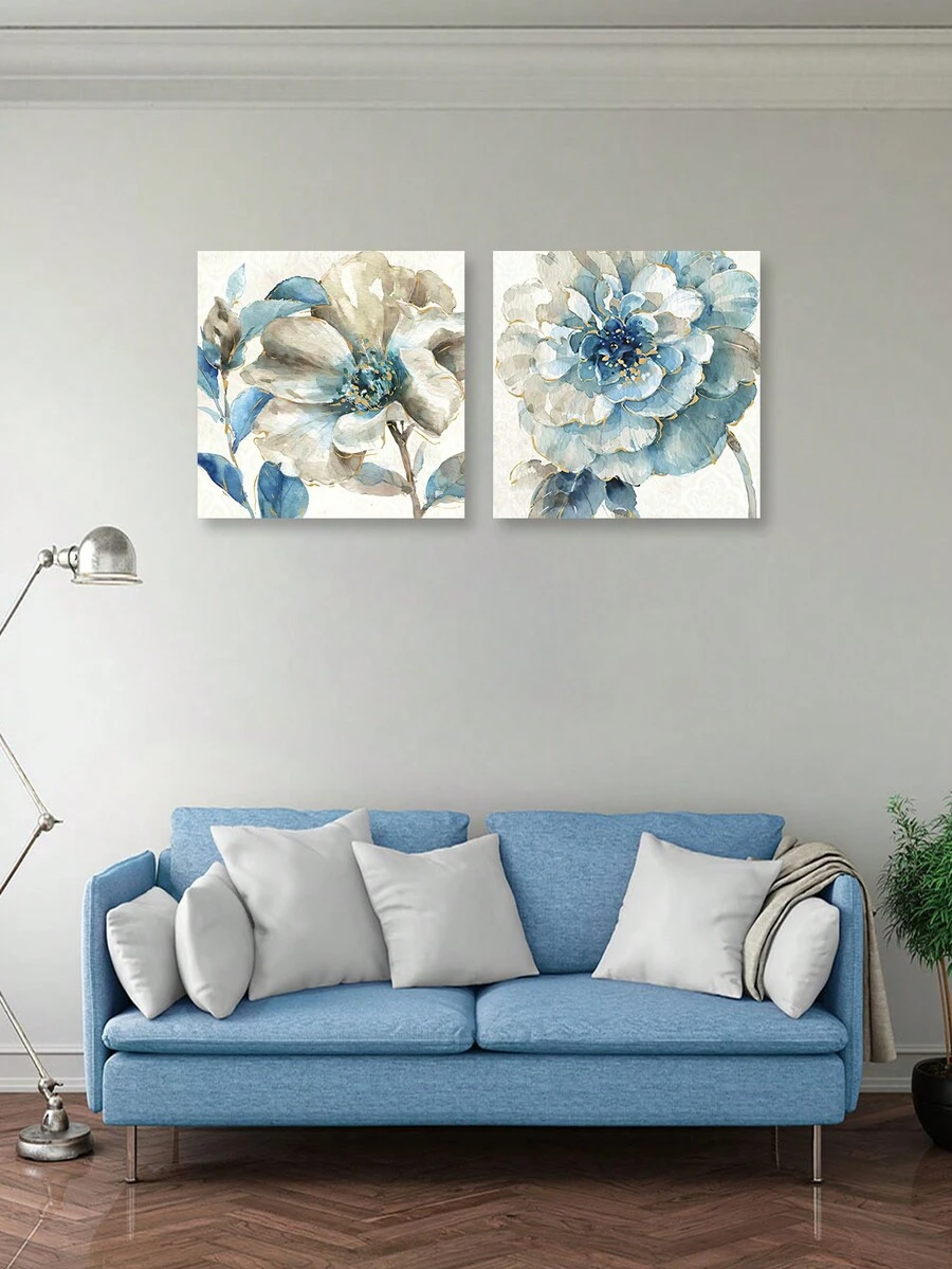 2 件套水彩蓝色花卉农舍帆布艺术 - 厚木框架墙面装饰，适用于卧室和客厅 - 艺术装饰、经典、现代风格、花卉图案、风景主题、木制框架，适合家庭办公室、客厅、卧室和餐厅 - 室内使用、水平方向、框架艺术、墙壁艺术、艺术印刷品、彩绘介质、帆布表面 - 彩色 - 查看 1