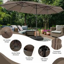 Homasis Outdoor 15' Double-Sided Patio Umbrella 48 Solar LED Lights Crank & Base - Coffee Brown - View 3