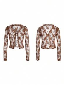 Womenacute;s Sexy Sheer Shrug, Casual Long Sleeve Tie Up Floral Lace Cropped Cardigan - Marrón - Ver 9