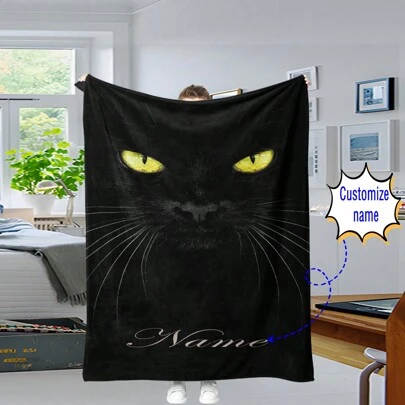 1 Piece Custom Name Blanket, Personalized Black Cat Pattern Text Blanket, Outdoor Travel Leisure Four Seasons Nap Blanket