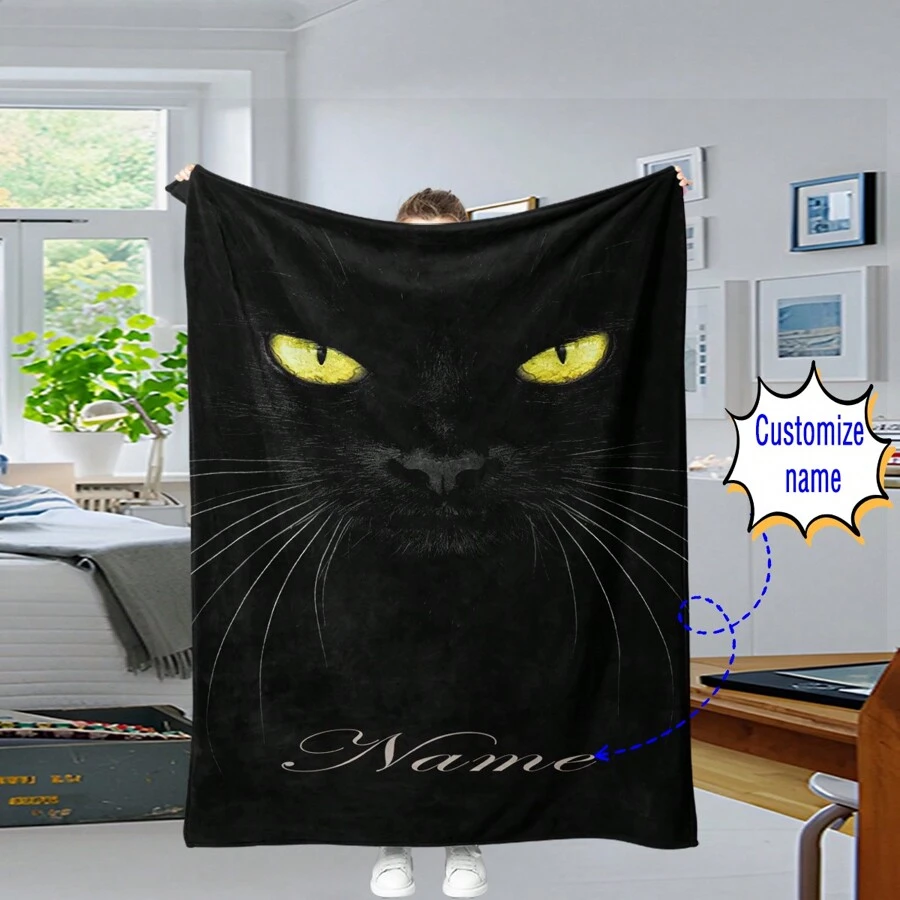 1 Piece Custom Name Blanket, Personalized Black Cat Pattern Text Blanket, Outdoor Travel Leisure Four Seasons Nap Blanket - Black Cat - View 1