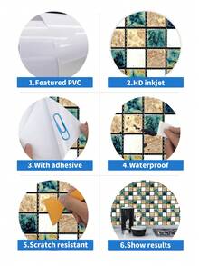 6/30 tờ/gói Miếng dán gạch khảm bóc ra và dán, Tự dán DIY, Miếng dán tường đổi mới, Có thể tháo rời, Chống thấm nước, Chống dầu mỡ, Dùng cho ốp lưng bếp, Phòng tắm, Đồ nội thất, Cầu thang, Kích thước gạch 10*10cm, 3 tùy chọn màu - Nhiều màu - Xem 12