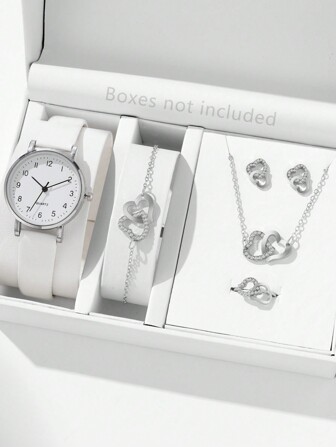 JasonRolls 6Pcs/Set, Women's Watch, Fashionable And Simple Alloy Small Head White Comfortable Pu Strap Women's Watch, Love Jewelry Set, Necklace, Bracelet, Earrings, Ring Watch Bracelet Set, Suitable For Daily Matching, Gift