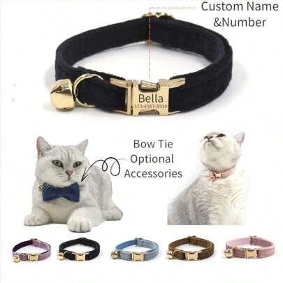 1 pezzo Collare in velluto personalizzabile per gatti con campanellino, decorazione con fiocco, adatto per feste, regalo per animali domestici per Ringraziamento/Natale, inciso, in acciaio inossidabile, elegante, alla moda, colorato, vintage, carino, semplice, carino, personalizzato, unico, personalizzato, per anniversari, compleanni, vacanze, forniture per animali domestici, collari, guinzagli e imbracature personalizzati per animali domestici
