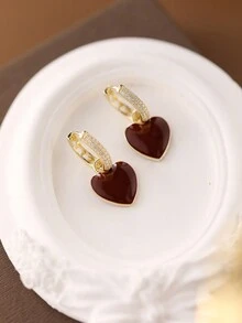 1 对时尚法式百搭铜镀金心形耳钉，镶嵌勃艮第水钻，防过敏，时尚耳饰 - 金色 - 查看 3