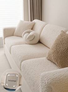 1pc Elastic Dual-Sided Plush Sofa Cover, New 2024 Autumn/Winter Thick Fleece Warm Anti-Skid Cushion, Pet Friendly - Beige - View 5