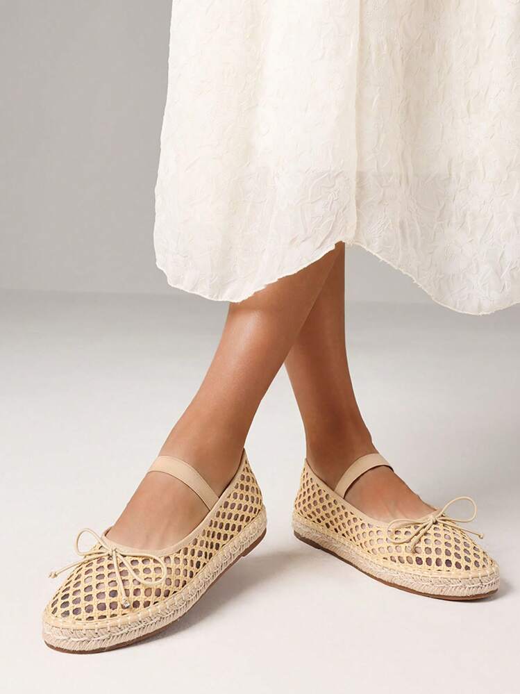 Women Espadrilles Mesh Flats Shoes Elastic Hollow Out Causal Comfy Vacation Dress Beach Ballerina Ballet Pumps Woman - 杏色 - 查看 3