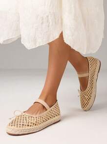 Women Espadrilles Mesh Flats Shoes Elastic Hollow Out Causal Comfy Vacation Dress Beach Ballerina Ballet Pumps Woman - 杏色 - 查看 2