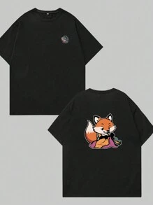 Fox Print T-Shirt Is Knitting Clothes Unisex Blouse Menswear Comfort Printed Casual Premium - 黑色 - 查看 1