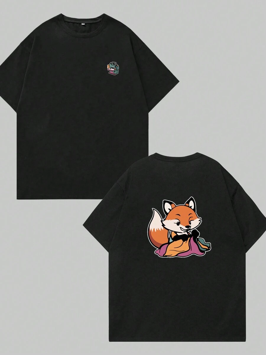 Fox Print T-Shirt Is Knitting Clothes Unisex Blouse Menswear Comfort Printed Casual Premium - 黑色 - 查看 1
