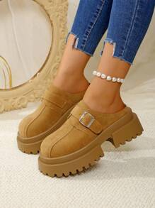 Damen Samt Klotzabsatz Slip-On Mule Sandalen, Retro Braun Farbe erhöhende geschlossene Zehenslip-On Sandalen für 2024