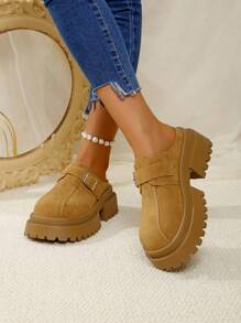 Damen Samt Klotzabsatz Slip-On Mule Sandalen, Retro Braun Farbe erhöhende geschlossene Zehenslip-On Sandalen für 2024