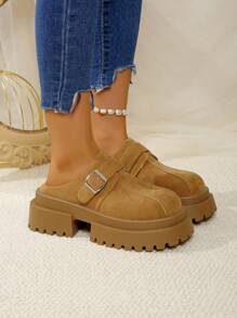 Damen Samt Klotzabsatz Slip-On Mule Sandalen, Retro Braun Farbe erhöhende geschlossene Zehenslip-On Sandalen für 2024