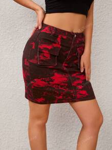 Women's Fashionable Casual Vintage Tie-Dye Print Denim Skirt