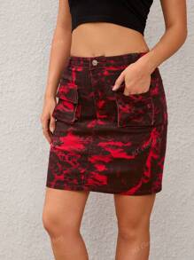 Women's Fashionable Casual Vintage Tie-Dye Print Denim Skirt