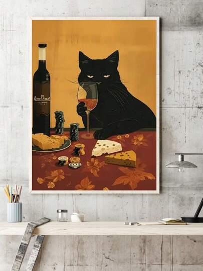 1PC Cat Comics Red Wine Illustration Poster, Wall Art, Wall Decor, Canvas Art, Wall Art Painting - Canvas Wall Art do salonu lub sypialni, bezramowy, opcjonalna rama