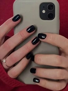 10Pcs Handmade Press-On Nails: Short Square Black Solid Color Fake Nail Set For Instant Glamour, Includes 1Pc Jelly Gel & 1Pc Nail File Nail Supplies Nails - Black - View 4