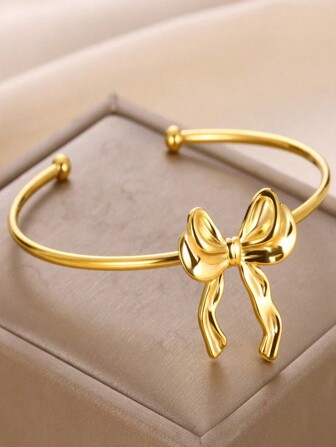 1 pieza Brazalete de acero inoxidable con nudo de lazo, diseño minimalista, elegante brazalete personalizado de alta calidad para mujer, aretes, collar y anillos de moda de acero de titanio con nudo de lazo