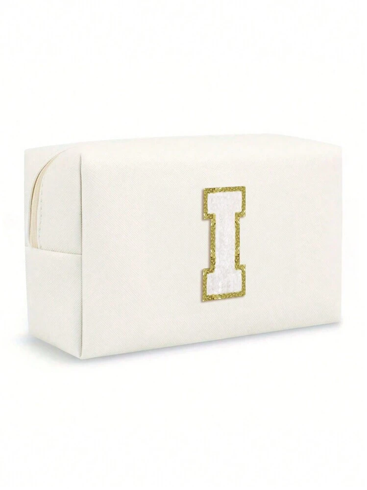 Women Octagonal Makeup Bag PU Letters Makeup Bag, Portable Chenille Letter Cosmetic Bag With Zipper, Initial Letter Patch PU Leather Waterproof Travel Toiletry Bag Monogram Make Up Pouch (Letter A~Z) For Fall Home Decor,Boho Vibes,For Holiday Beach, Bathroom Collection, Bedroom Collection, Large Capacity