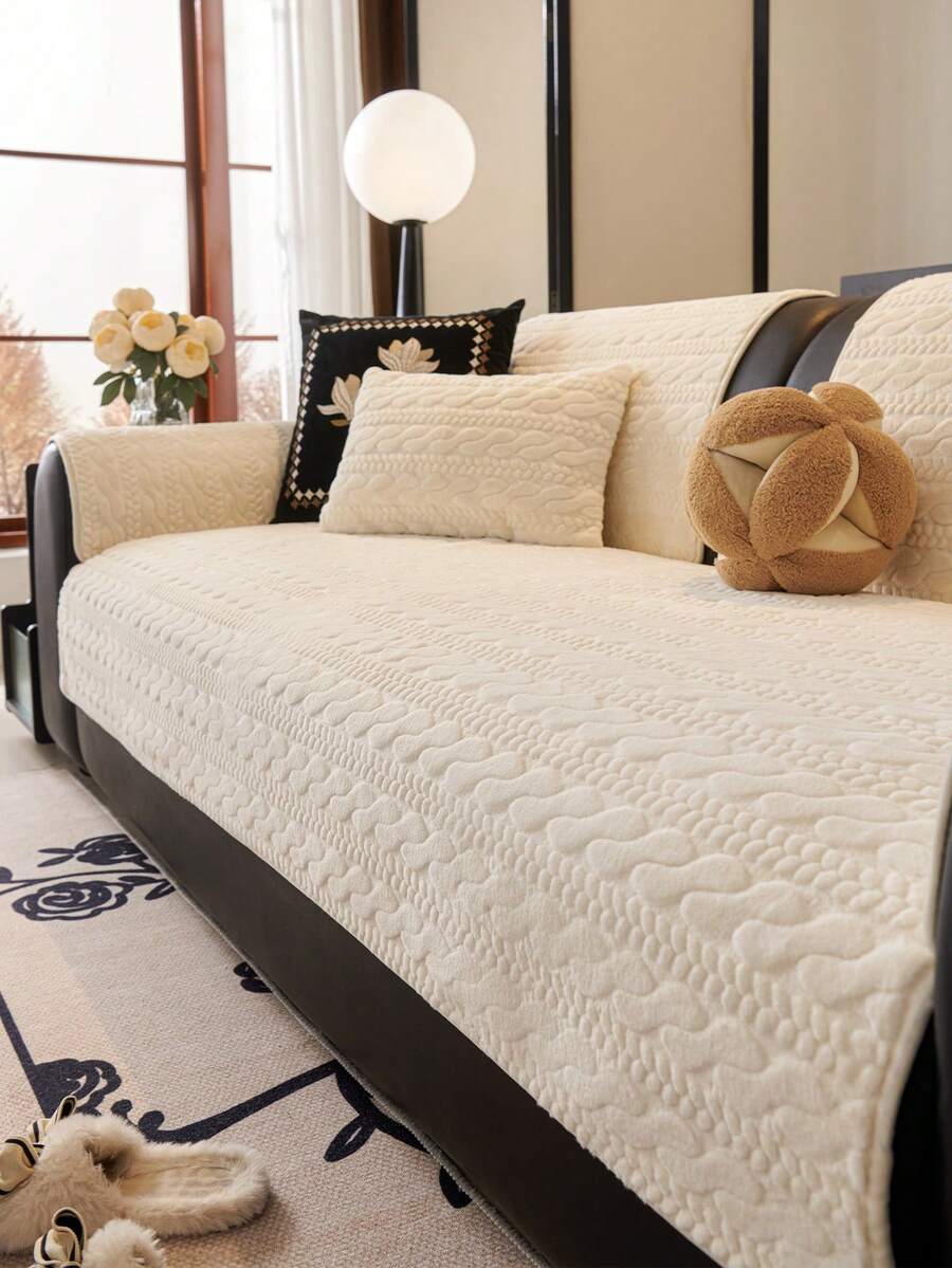 1pc Thick Plush Fluffy Solid Color Sofa Cushion, Minimalist Modern Style, Pet Friendly, Anti-Dirty, Anti-Slip Sofa Slipcover, Autumn/Winter, Suitable For L-Shaped Combination Sofa And 1/2/3/4 Seat Sofa (One Piece) - Beige - View 1
