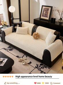 1pc Thick Plush Fluffy Solid Color Sofa Cushion, Minimalist Modern Style, Pet Friendly, Anti-Dirty, Anti-Slip Sofa Slipcover, Autumn/Winter, Suitable For L-Shaped Combination Sofa And 1/2/3/4 Seat Sofa (One Piece) - Beige - View 4