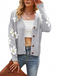 Women Loose Knit Sweater, Adults Button-down Flower Pattern Long Sleeve V-neck Cardigan - Gris - Ver 2