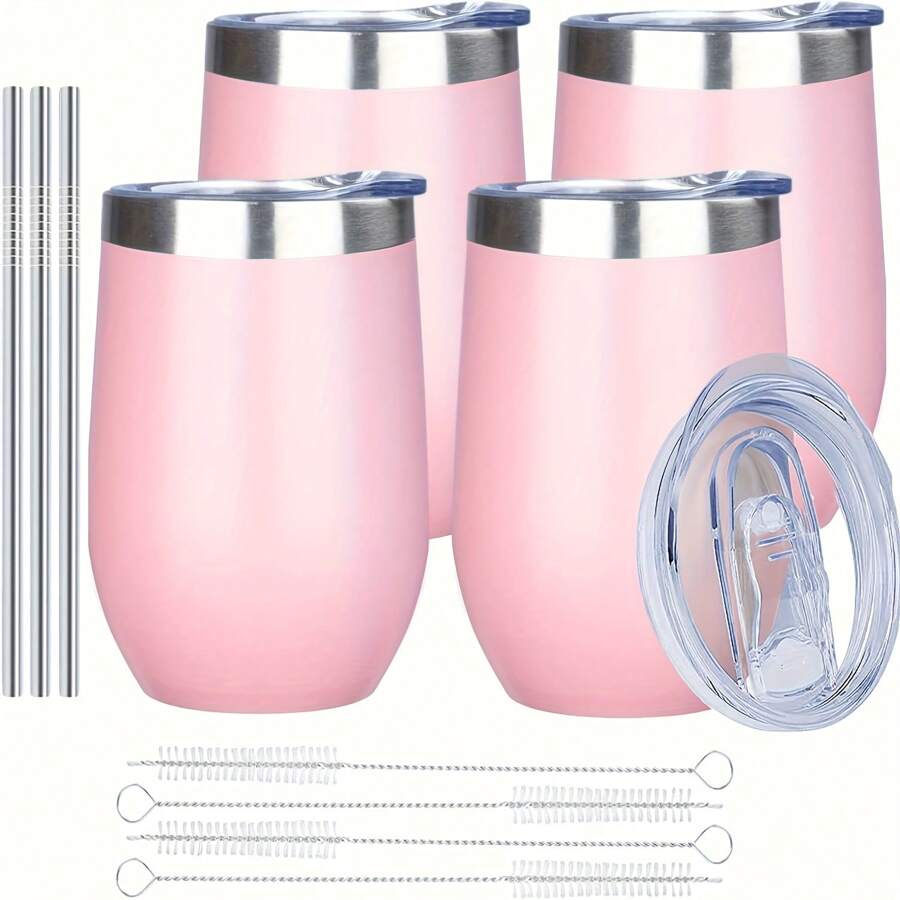 (4 Pack) 12 Oz Stainless Steel Wine Tumbler With Lid And Straw, Stainless Steel Travel Mug For Hot And Cold Drinks, Wine, Coffee, Cocktails, Christmas Drinks, Home And Gifts - Hồng - Xem 1