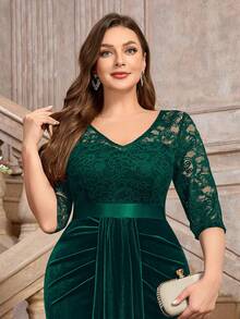 Plus Size V-Neck Lace Contrast Pleated Front Velvet Hem Evening Gown, Suitable For Valentine's Day, Wedding Guest, Birthday, Graduation Ceremony, Banquet, Holiday And Other Occasions - Dark Green - View 8