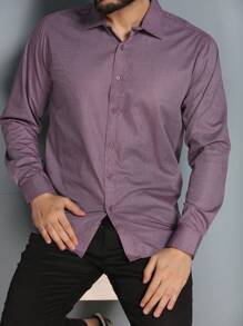Men's Summer Spring Autumn Long Sleeve Shirt Business Formal Wear No Ironing Anti-Wrinkle Slim Solid Color - 紫色 - 查看 5