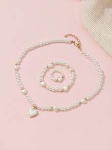 3件套女孩心形珍珠串珠项链、手链、戒指套装 - 白色 - 查看 1