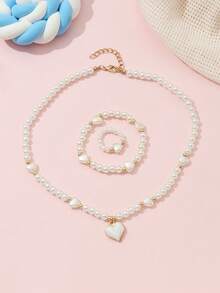 3件套女孩心形珍珠串珠项链、手链、戒指套装 - 白色 - 查看 2