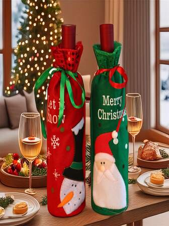TYFYO 1pc Christmas Wine Bottle Cover With Santa Claus And Christmas Snowman Merry Christmas Let It Snow Letter