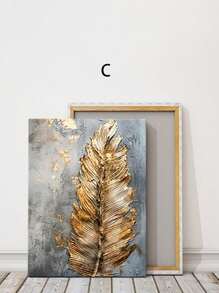 3pcs Golden Leaf And Feather Art Painting - Modern/Classic Style, Golden Color, Leaf Pattern, Ink On Canvas, Wood Frame, For Bedroom/Living Room/Home Office/Cafe/Bar, Indoor/Outdoor Wall Decoration, Vertical Orientation, Suitable For Summer/Autumn Season, Fashion Theme,Framed Poster/Art Print, Gifts Birthday Graduation