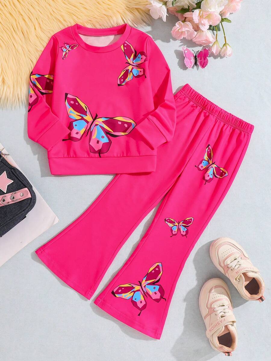2pcs/Set Young Girl' Casual Minimalist Butterfly Print Crew Neck Long Sleeve Sweatshirt & Flare Pants, Suitable For Autumn/Winter