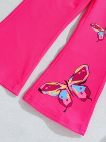 2pcs/Set Young Girl' Casual Minimalist Butterfly Print Crew Neck Long Sleeve Sweatshirt & Flare Pants, Suitable For Autumn/Winter
