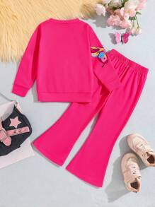 2pcs/Set Young Girl' Casual Minimalist Butterfly Print Crew Neck Long Sleeve Sweatshirt & Flare Pants, Suitable For Autumn/Winter