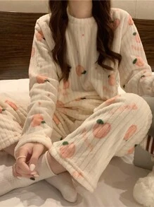 2pcs Winter Coral Fleece Top & Pants Fluffy Pajama Set, Warm Sleepwear Set, Fresh Fruit Print Lounge Set,Two Pieces Set, Fall Winter Clothes