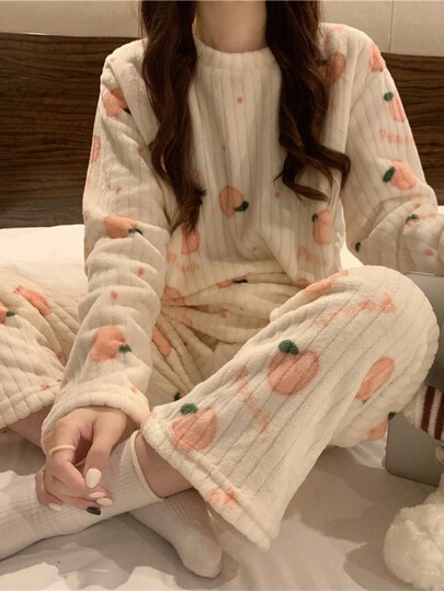2pcs Winter Coral Fleece Top & Pants Fluffy Pajama Set, Warm Sleepwear Set, Fresh Fruit Print Lounge Set,Two Pieces Set, Fall Winter Clothes