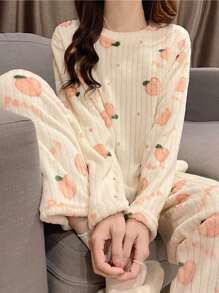 2pcs Winter Coral Fleece Top & Pants Fluffy Pajama Set, Warm Sleepwear Set, Fresh Fruit Print Lounge Set,Two Pieces Set, Fall Winter Clothes