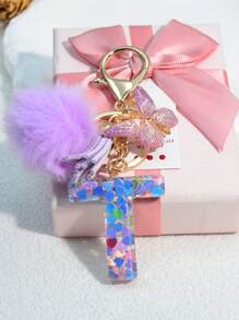 1pc Resin Letter Key Chain, Fashionable Women Handbag Heart Keyring Holder Butterfly Tassel Decor Valentine's Day Car Accessories Bag Charm Backpack For School Cute Goth Y2k Halloween Accessories Teachers Day Christmas Gift Ideas Bag Lanyards With Id Holder Car Accessories Bag Charms Car Friend Sister Gifts For Mother, Father, Graduation, And Teacher - Purple - View 14