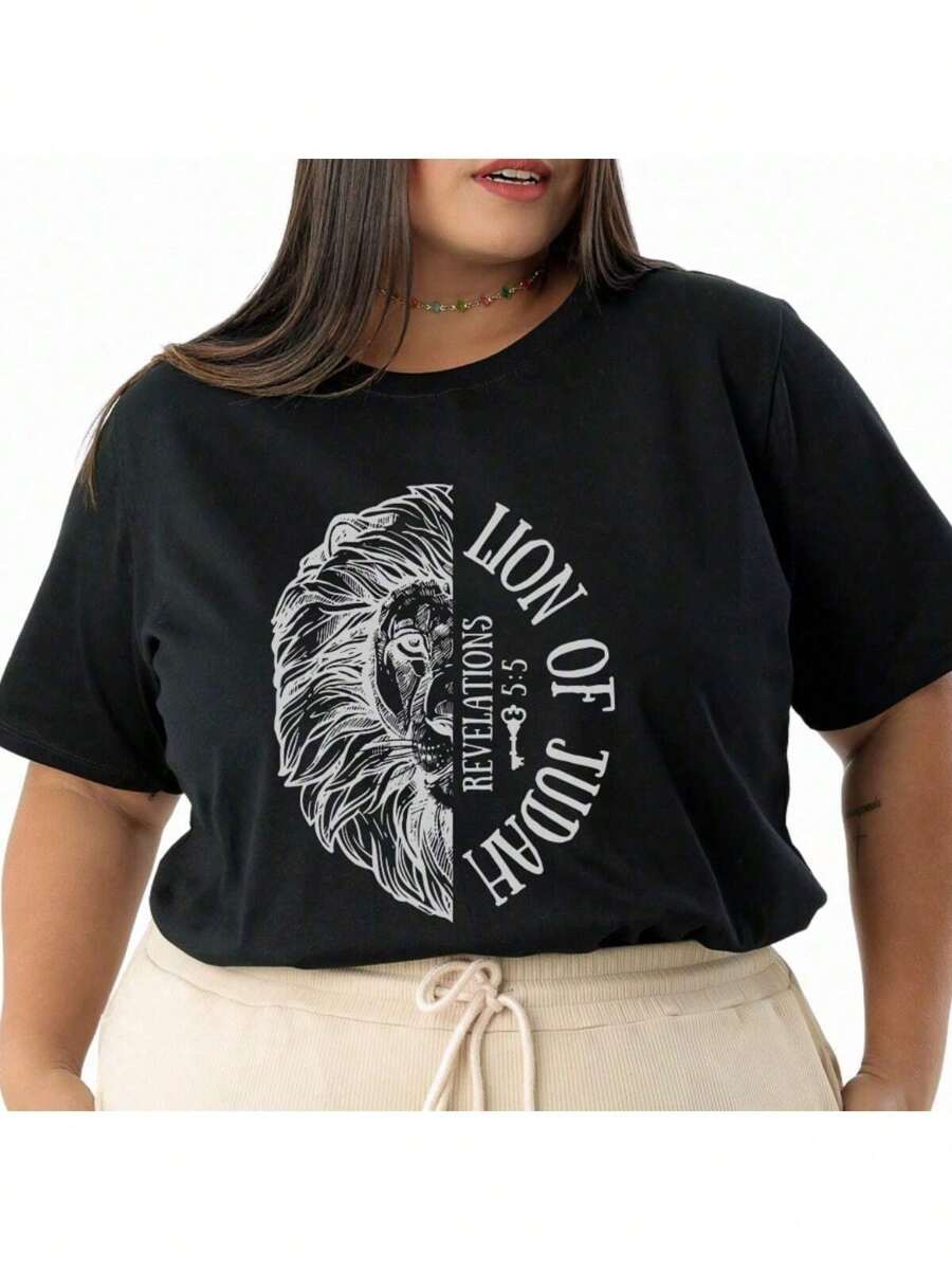 PLUS SIZE Lion Of Judah 100% Cotton T-Shirt Top - màu đen - Xem 1