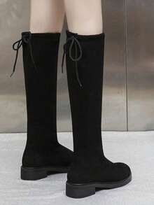 女士中筒靴，时尚舒适一脚蹬弹力靴，系带圆头保暖内衬鞋 - 黑色 - 查看 5