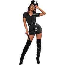 4件套加大码女式黑蓝服装套装 - 弹力帽+腰带+连体衣+手铐，万圣节角色扮演制服 - 黑色(帽子+皮帶+連身褲+手拷) - 查看 9