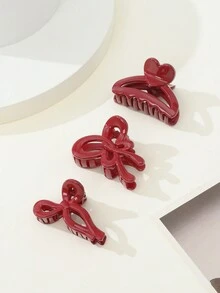 Bộ 3 kẹp tóc mini màu đỏ, phụ kiện tóc hình trái tim sáng bóng thời trang dành cho nữ - Đỏ - Xem 1