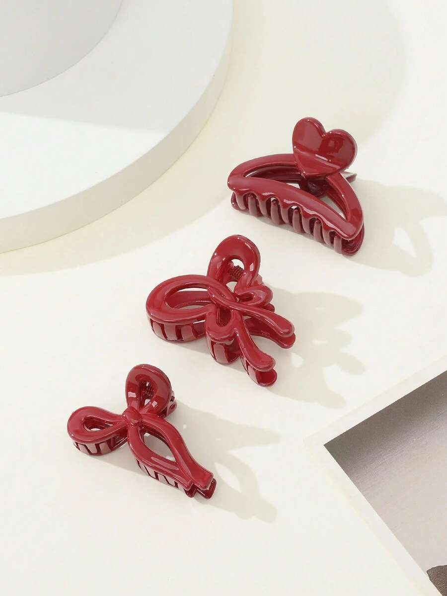 Bộ 3 kẹp tóc mini màu đỏ, phụ kiện tóc hình trái tim sáng bóng thời trang dành cho nữ - Đỏ - Xem 1