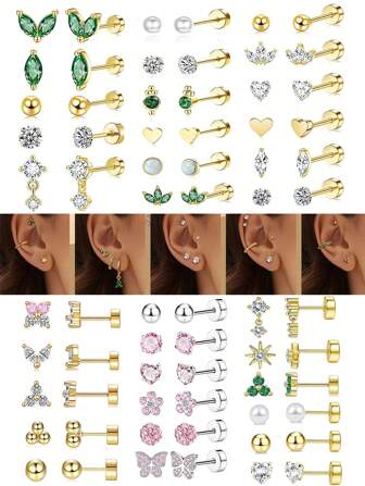 10st Flat Back Örhängen För Dam Multipack Örhängen | Helix örhängen | Broskörhänge | Hypoallergena örhängen | Skruva örhängen dubbar för fest bröllop dagliga bära present till vänner alla hjärtans dag