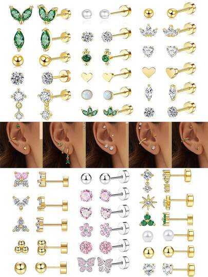 10 件女士平背耳环多件装耳环 | 耳钉 | 软骨耳环 | 防过敏耳环 | 螺丝耳环耳钉适合派对婚礼日常佩戴礼物送给朋友情人节