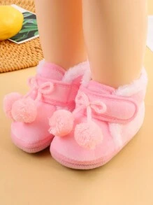 1 Pair Of Infant Shoes, Warm And Thick Boots In Autumn And Winter, Cute Fur Ball Design, Suitable For Indoor Slip-Resistant Learning To Walk, Soft Flat Shoes For Infants.