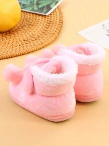 1 Pair Of Infant Shoes, Warm And Thick Boots In Autumn And Winter, Cute Fur Ball Design, Suitable For Indoor Slip-Resistant Learning To Walk, Soft Flat Shoes For Infants.