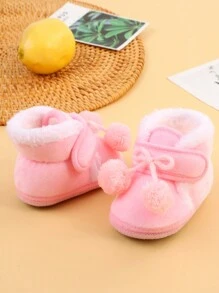 1 Pair Of Infant Shoes, Warm And Thick Boots In Autumn And Winter, Cute Fur Ball Design, Suitable For Indoor Slip-Resistant Learning To Walk, Soft Flat Shoes For Infants.